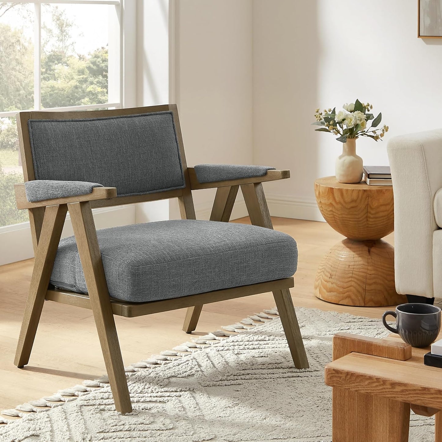 Mid-Century Modern Living Room Chair - Faux Shearling Upholstered Accent Chair with Solid Wood Frame, 265Lb Weight Capacity, Comfortable Seating for Living Room Bedroom Grey