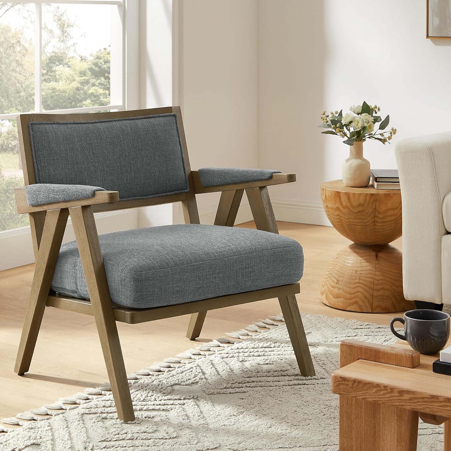 Mid-Century Modern Living Room Chair - Faux Shearling Upholstered Accent Chair with Solid Wood Frame, 265Lb Weight Capacity, Comfortable Seating for Living Room Bedroom Grey