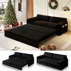 63.8" Futon Sofa Bed Queen Size, Pull Out Bed, 3-In-1 Convertible Sleeper Sofa with Side Pocket, Modern Velvet Futon Couch for Living Room, Small Space, Apartment, Bedroom, Black