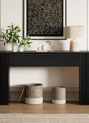 61-Inch Fluted Long Console Table - Wooden Rectangular Sofa Table with Dual Hidden Storage Cabinets for Entryway, Hallway, Living Room, and Foyer in Black