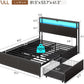 Full Size Bed Frame with 4 Storage Drawers, Charging Station and LED Lights, Metal Platform Bed with 2-Tier Storage Headboard, No Box Spring Needed, Easy Assembly, Noise-Free, Black