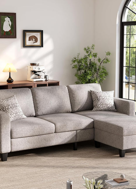 L-Shaped Sectional Sofa with Movable Ottoman, 78'' Brown 3-Seat Linen Couch, Ideal for Small Spaces, Apartments, and Dorms
