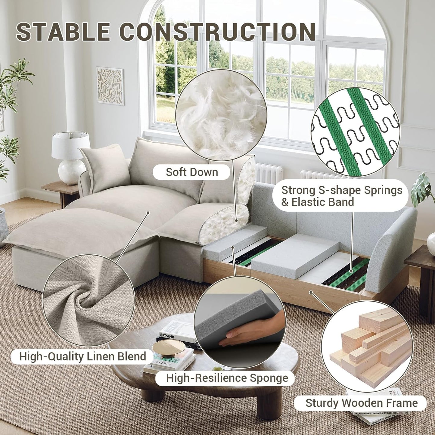 111” Oversized Modular Sectional Sofa, Comfy down Fill Cloud Couch, L Shaped 4 Seater Couches with Washable Cover, Convertible Sectional Couches for Living Room, Light Gray