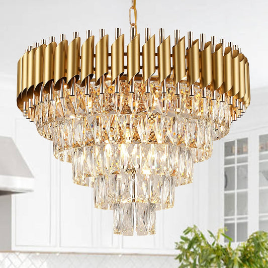 AXILIXI Modern Crystal Chandelier Gold, 24" round Chandeliers for Dining Room K9 5 Tiers Ceiling Pendant Light Fixtures Golden Large Raindrop Flush Mount Chandelier for Foyer Living Room Staircase