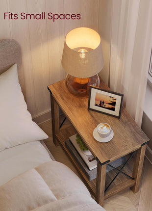 2-Tier End Table with Bottom Shelf - Compact Nightstand for Living Room and Bedroom in Honey Brown Farmhouse Style ULET235K41