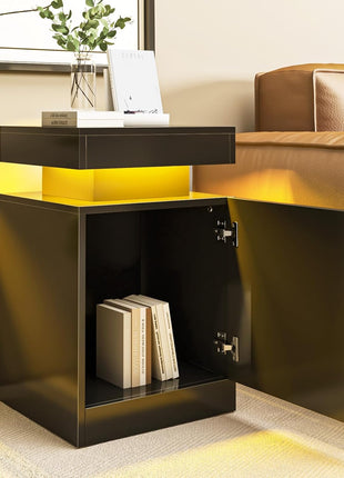 Set of 2 Black Nightstands with LED Lighting and Storage Cabinet for Bedroom