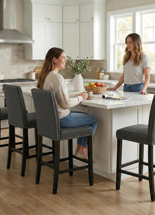 Set of 4 Charcoal Upholstered Counter Height Bar Stools with Nailhead Trim, 24-Inch Solid Wood Legs for Kitchen Island, Dining, and Bedroom
