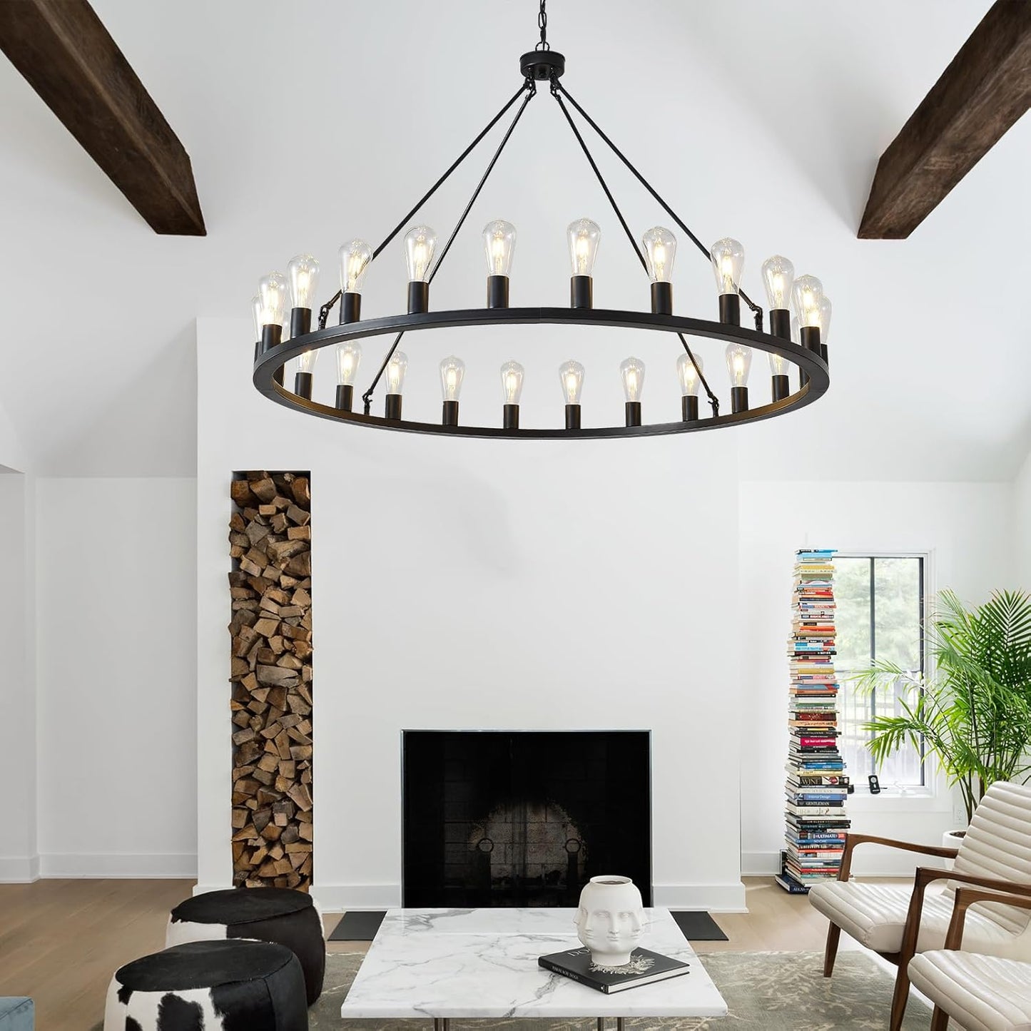 48-Inch Wagon Wheel Chandelier 24-Light, Extra Large Black Chandeliers, round Rustic Farmhouse Outdoor Chandelier for High Ceilings, Dining Room, Living Room, Foyer, E26