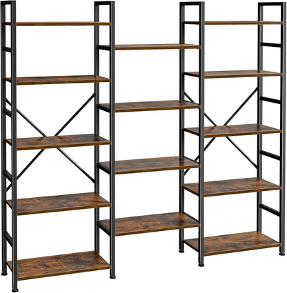 Triple Bookshelf, Bookcase with 11 Open Display Shelves, Wide Book Shelf Book Case for Home & Office, 5 Tier, Rustic Brown