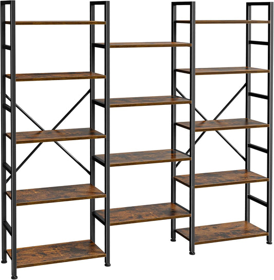 Triple Bookshelf, Bookcase with 11 Open Display Shelves, Wide Book Shelf Book Case for Home & Office, 5 Tier, Rustic Brown