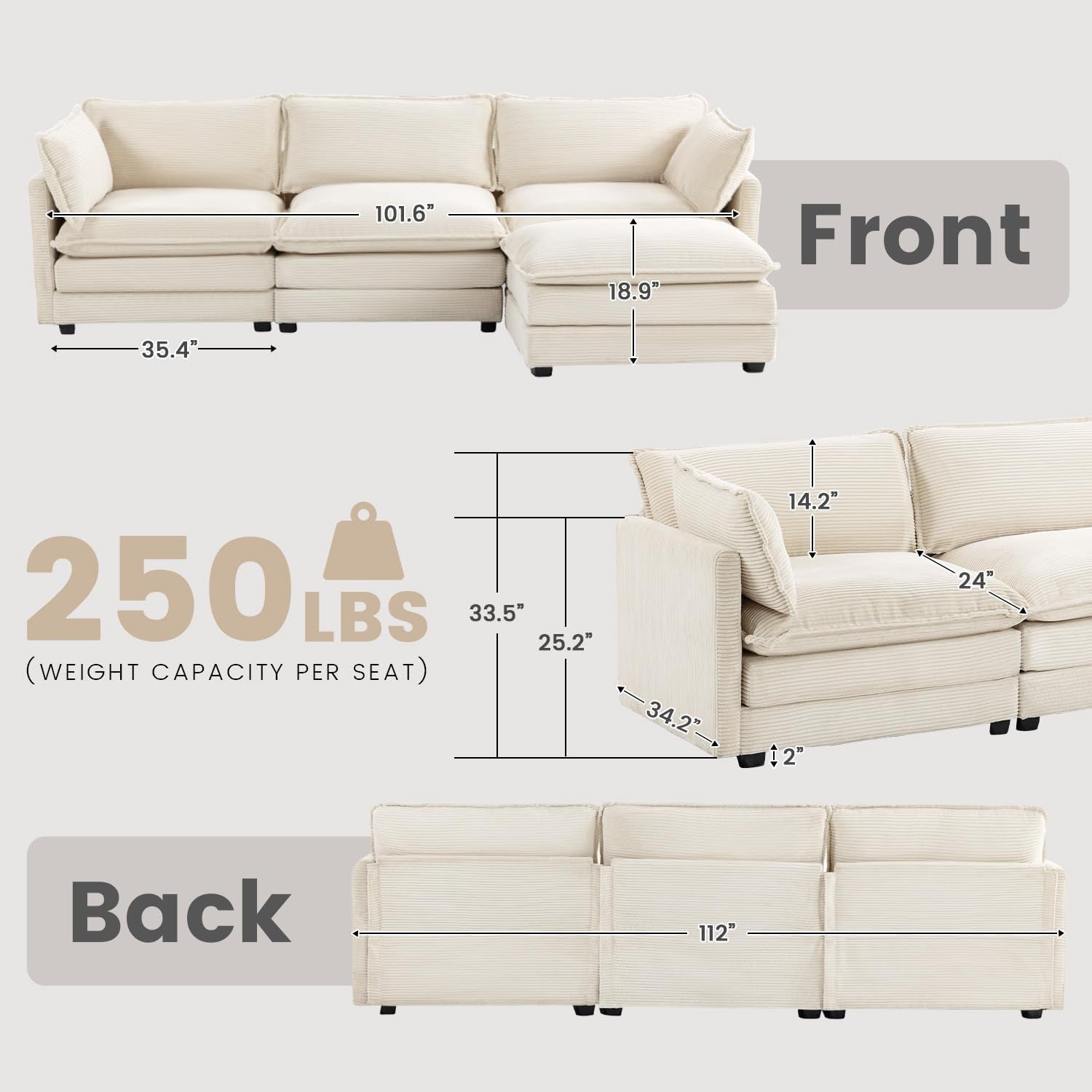 Oversized Modular Sectional Sofa with Movable Ottoman, 112 Inch 4 Seat Modern Corduroy Sofa Set, Convertible L Shaped Couch for Living Room and Office, Beige