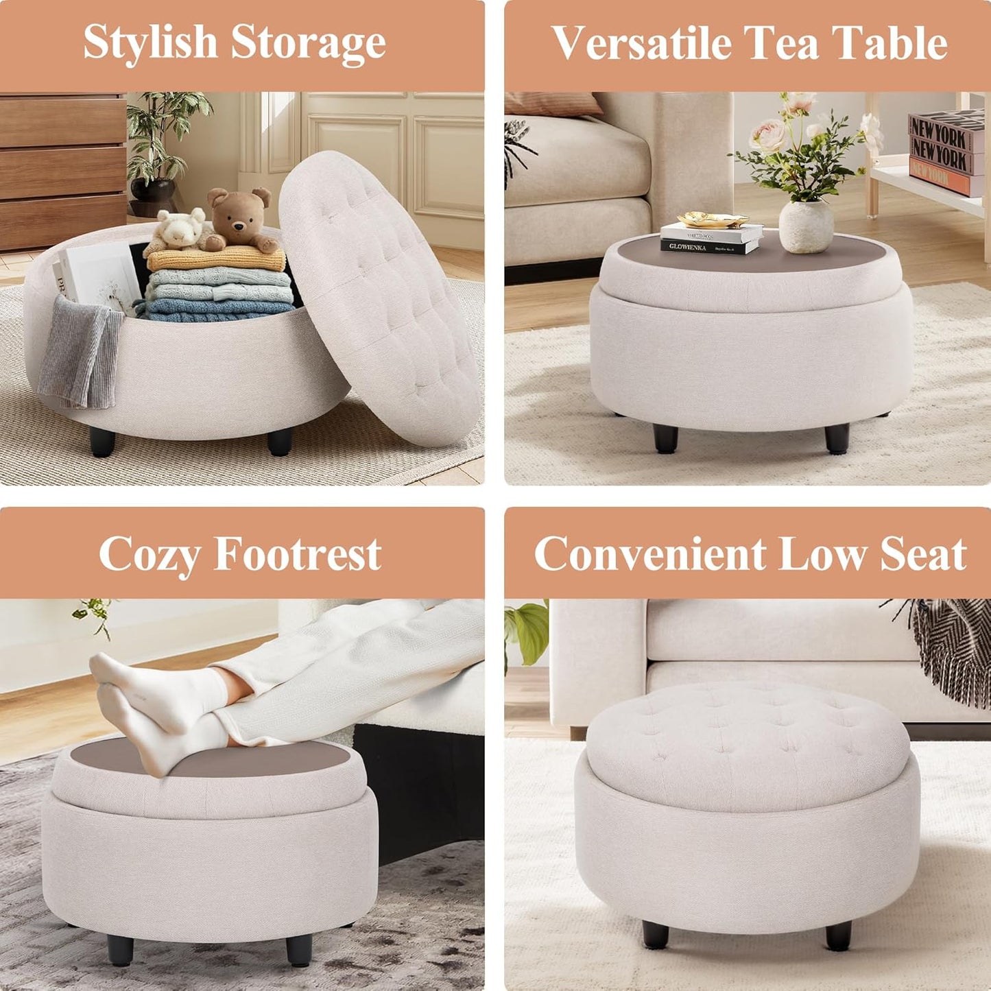 Fabric round Storage Ottoman with Reversible Tray Lid – Multi-Functional Footrest, Hidden Storage, Sturdy & Stylish Small Coffee Table for Living Room, Bedroom, or Entryway(Beige)
