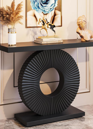 Contemporary 40-Inch Console Table with Geometric Base in Black for Living Room, Hallway, and Entryway