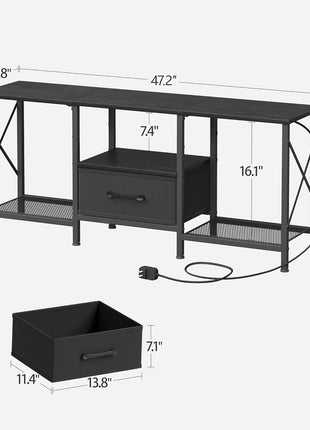 Industrial LED TV Stand with Fabric Drawer and Open Shelving for 50-55 Inch TVs, Black Entertainment Center for Living Room and Bedroom