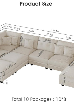 Modular Plush Corduroy U-Shaped Sectional Sofa - 10-Seater with 10 Throw Pillows, Versatile Configuration in Beige