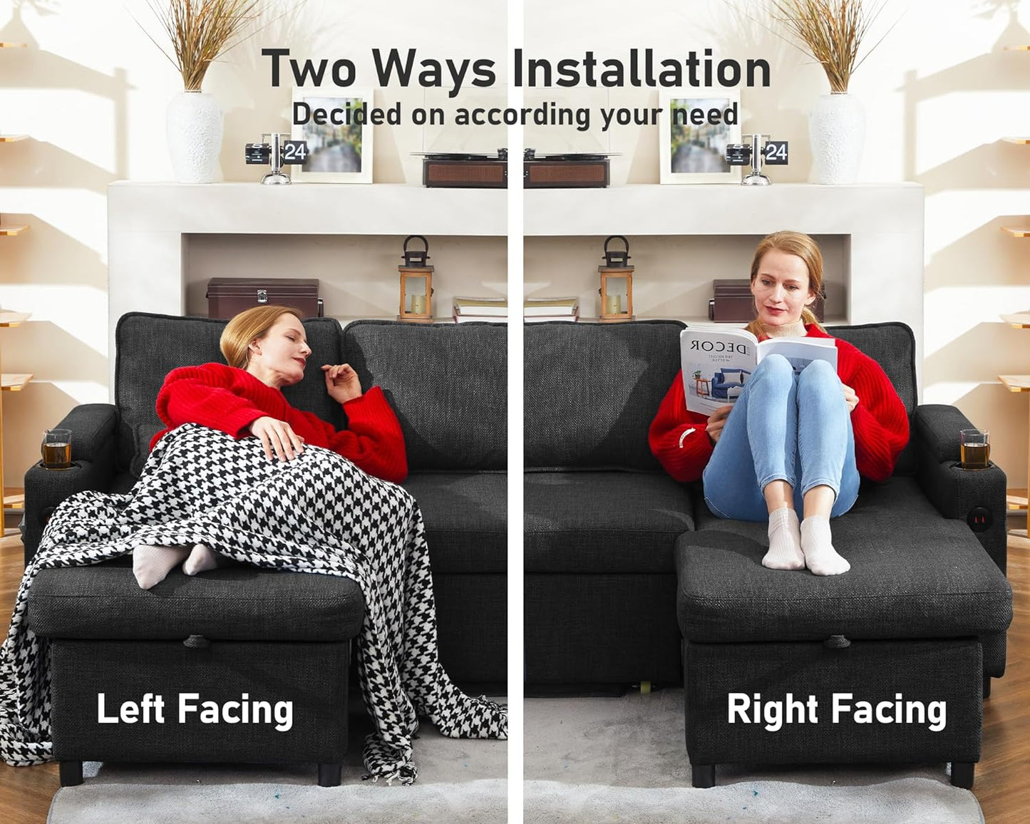 Sofa Bed Sleeper Pull Out 2 in 1 Sectional Sleeper Sofa Couches with Storage,Usb, Cup Holder,Pullout Sectional Couches for Apartment Living Room (Dark Gray)