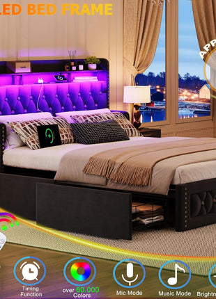 Velvet Upholstered Queen Size Bed Frame with 4 Storage Drawers, Integrated Charging Station, and Storage Headboard, LED Accents, Crystal Décor, No Box Spring Required, Black