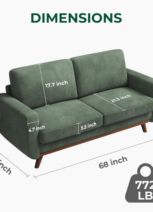 68-Inch Green Corduroy Loveseat Sofa with Spring Cushion and Solid Wood Frame for Modern Living Spaces, Bedrooms, and Offices