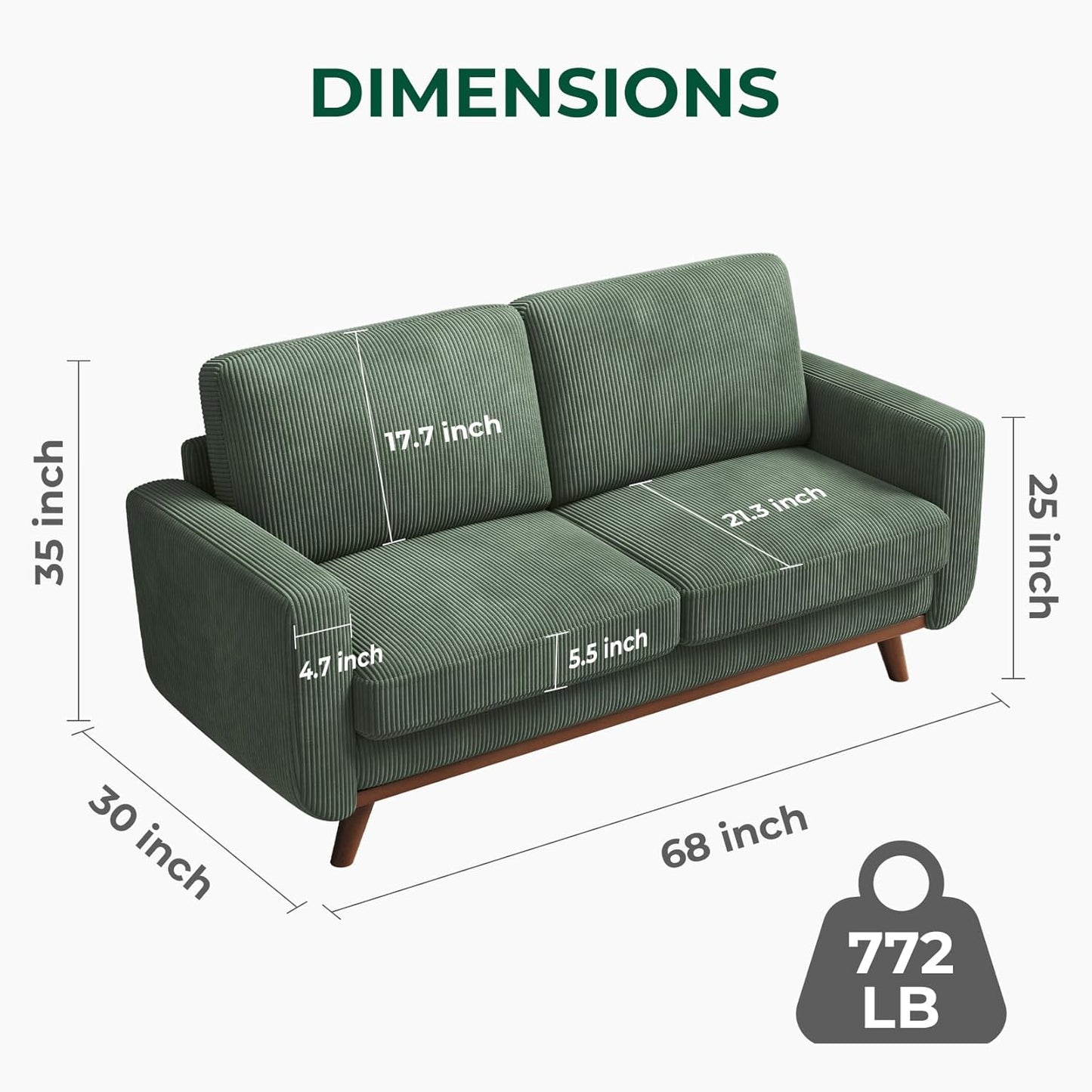 68" Loveseat Sofa - Green, Comfy Corduroy with Spring Cushion, Solid Wood Frame, Modern Deep Seat, Bedroom & Living Room, Office Couch