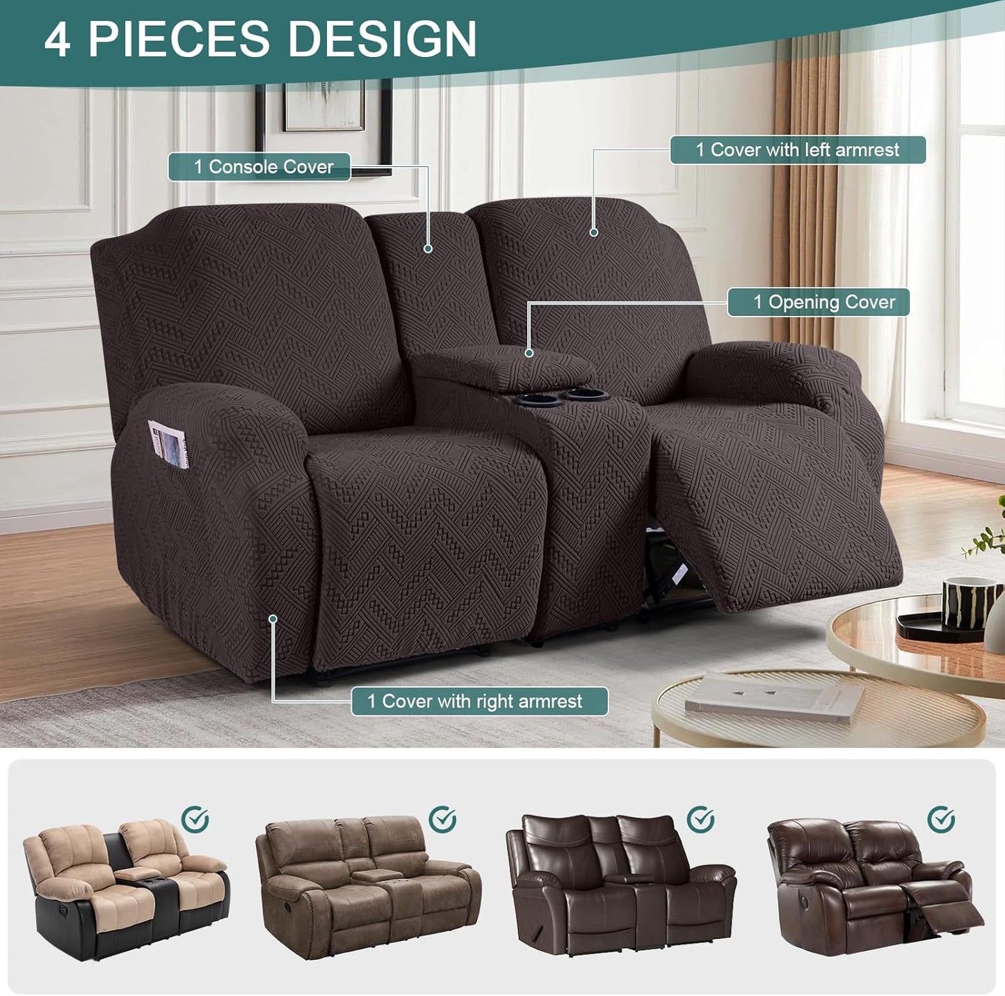Stretch Loveseat Recliner Covers with Console 4-Pieces Recliner Sofa Covers with Pockets Jacquard Reclining Couch Covers Furniture Protector with Elastic Straps Bottom (2 Seater, Chocolate)