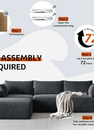 Luxurious 108" Modular Sectional Sofa in Dark Gray Corduroy - L-Shaped Design with Deep Chaise and No Assembly Required - Ideal for Apartment Living