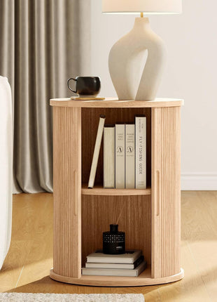 Round Fluted End Table with Sliding Tambour Door and Storage Shelf, Modern Mid-Century Nightstand in Oak Finish for Living Room and Bedroom