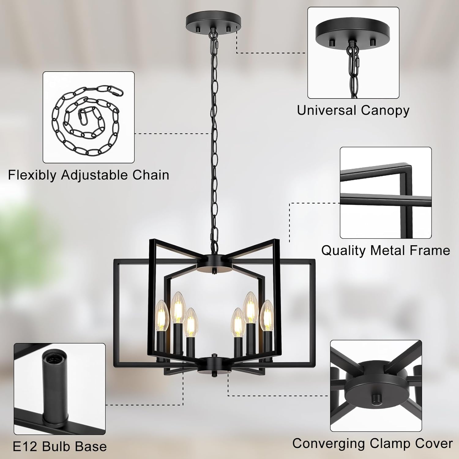 Black Farmhouse Chandelier, 6 Light Geometric Dining Room Light Fixture, Modern Industrial Metal Ceiling Light Rustic Hanging Pendant Lights with E12 Base for Kitchen Island Entryway Foyer, Indoor