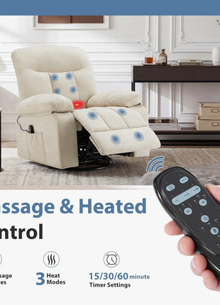 Rocker Recliner Chair with Swivel Function, Vibration Massage, and Lumbar Heating - 270° Rotating Chenille Fabric Recliner with Footrest for Living Room and Bedroom, Beige