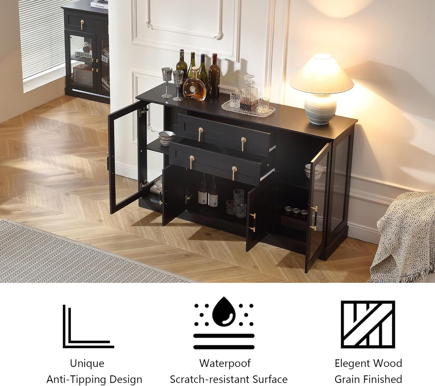 58.2'' Modern Sideboard Buffet Cabinet with Storage, Accent Coffee Bar Cabinet with 2 Glass Doors,Sideboard Credenza with Two Drawers and Adjustable Shelves,Black