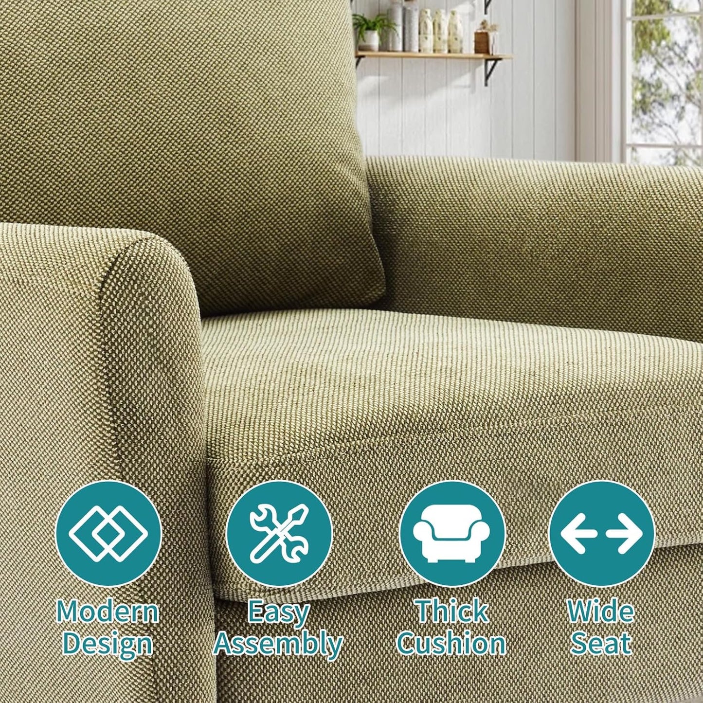 Comfy Accent Chair for Living Room Bedroom and Waiting Room, Upholstered Mid-Century Reading Chair with Pillow and Solid Wood Legs, Wide Singe Modern Lounge Sofa (Green)