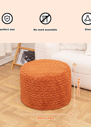 Round Pouf Ottoman 20" x 20" x 14" - Bohemian Style Floor Pouffe in Burnt Orange for Living Room and Bedroom