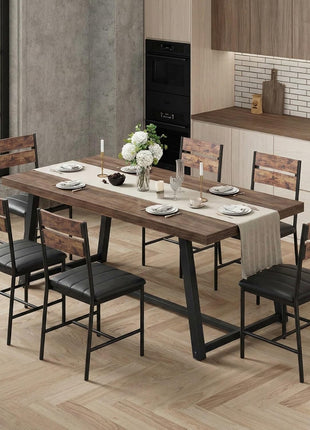 7-Piece Rustic Brown Dining Set for 6, 71-Inch Rectangular Kitchen Table with Upholstered Chairs and Metal Frame