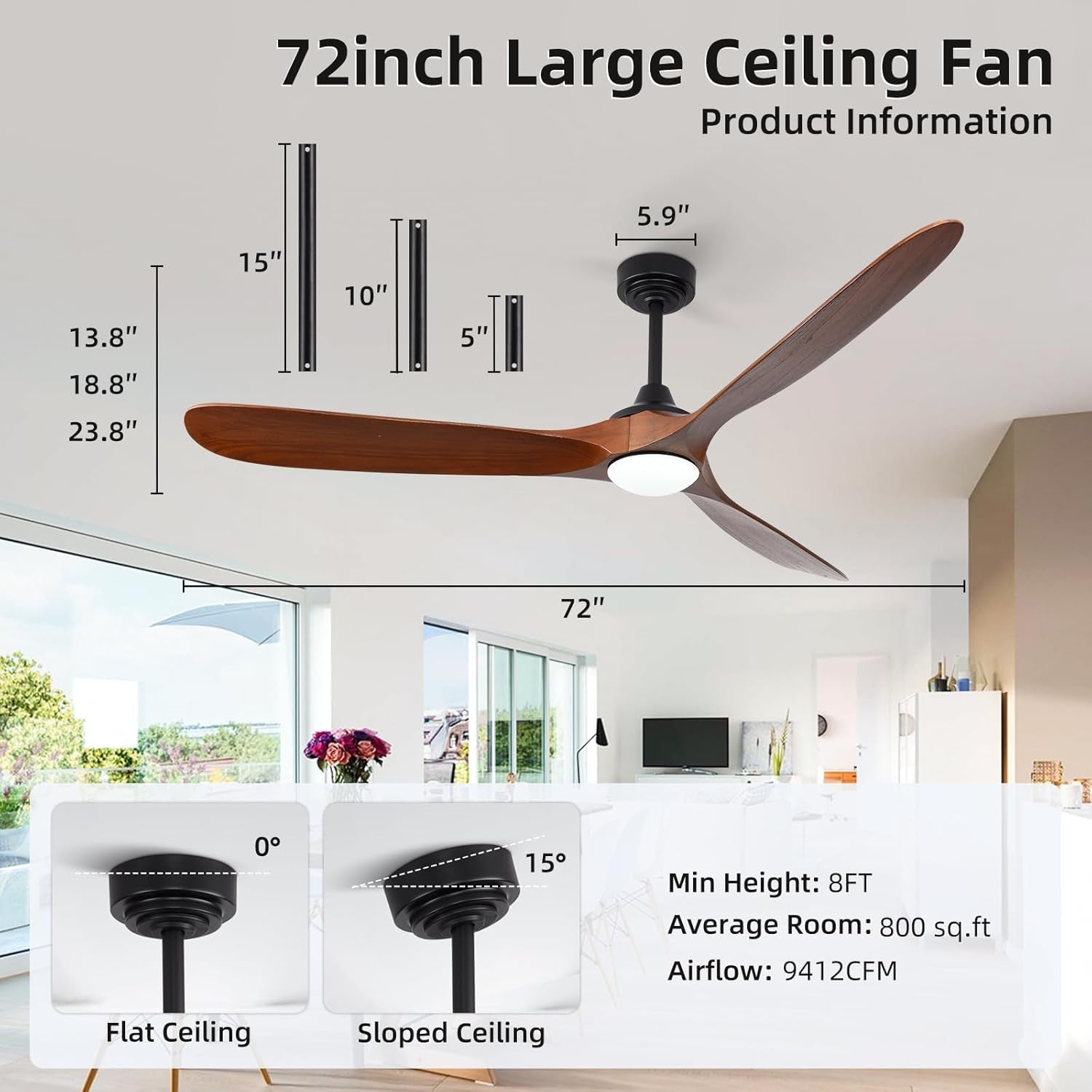 Ceiling Fan with Lights, 72'' Solid Wood Indoor/Outdoor Ceiling Fan with Quiet Reversible DC Motor, Control with WIFI Alexa App, 3CCT Dimmable, 6 Speeds Walnut Outdoor Fan for Patio Porch