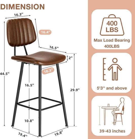 29-Inch Leather Bar Stools Set of 2, Counter Height Barstools with High Backrest，Bar Chairs for Kitchen Island with Heavy Duty Metal Legs, Dark Brown