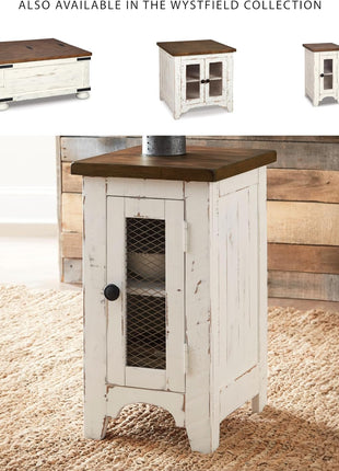Wystfield Farmhouse Chairside End Table with Storage Cabinet in Distressed White and Brown Finish by Signature Design by Ashley