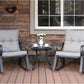 3 Piece Bistro Set Patio Rocking Chairs Outdoor Furniture W Warm Gray Cushions, Glass-Top Table for Garden, Pool, Backyard