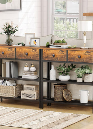 29.5" Narrow Console Table with Dual Fabric Drawers and Three-Tier Storage Shelves, Perfect for Living Room and Hallway, Rustic Brown and Black Finish