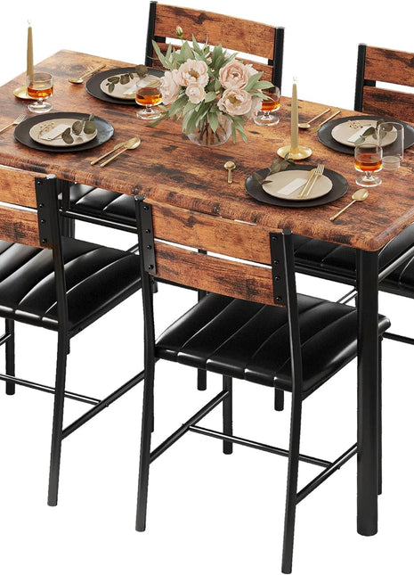 Rustic Brown Dining Table Set for Four with Upholstered Chairs, Perfect for Kitchens and Compact Spaces