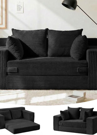 55" Convertible Boneless Loveseat Sleeper Sofa Bed with 4 Pillows - Black Corduroy, Ideal for Living Room, Guest Room, and Small Spaces, No Assembly Required