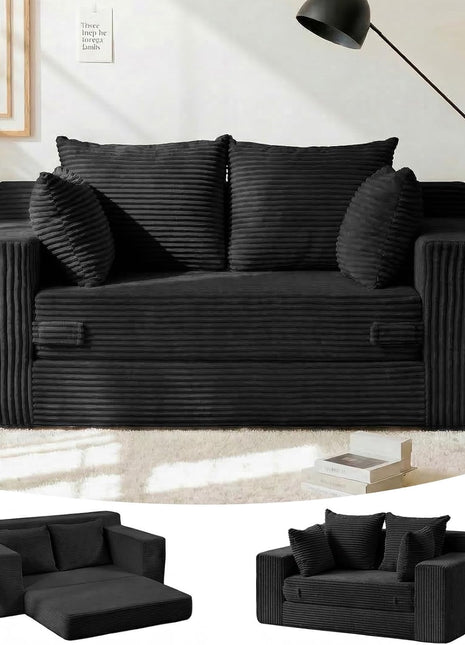 55" Convertible Boneless Loveseat Sleeper Sofa Bed with 4 Pillows - Black Corduroy, Ideal for Living Room, Guest Room, and Small Spaces, No Assembly Required