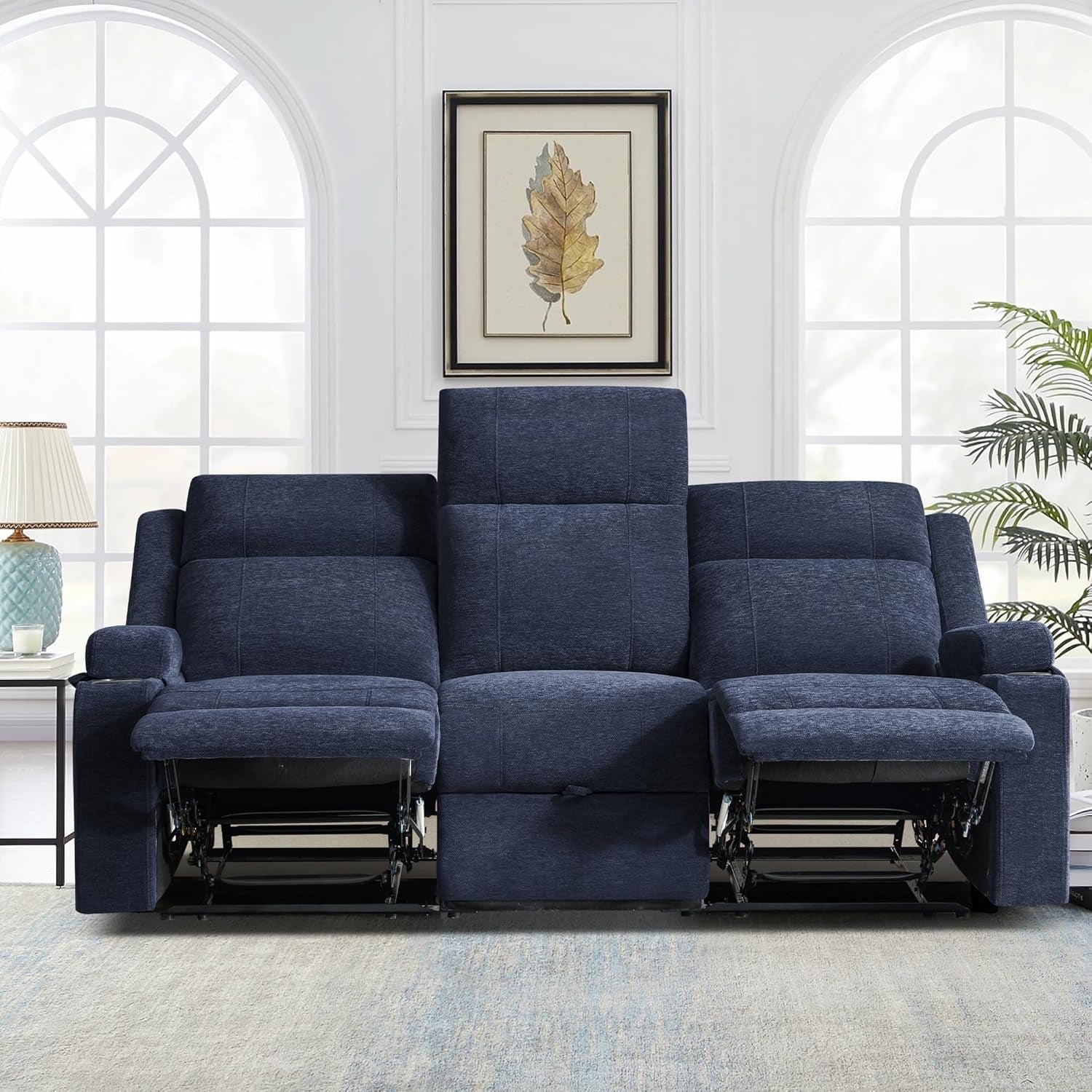 Large Manual Reclining Sofa 3-Seater Chenille Recliner Couch with Cup Holders, Wide Seat, Easy Assembly & Spill-Resistant Fabric Cozy Reclining Sofa for Living Room, Apartment, RV, Blue