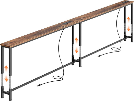 102.4 Inch Sofa Table with Power Outlets, 23.9’’-34.4’’ Height Adjustable Range, behind Couch Table with USB-C Ports, Sofa Tables Narrow Long, Skinny Console Table, Small Spaces, Rustic Brown