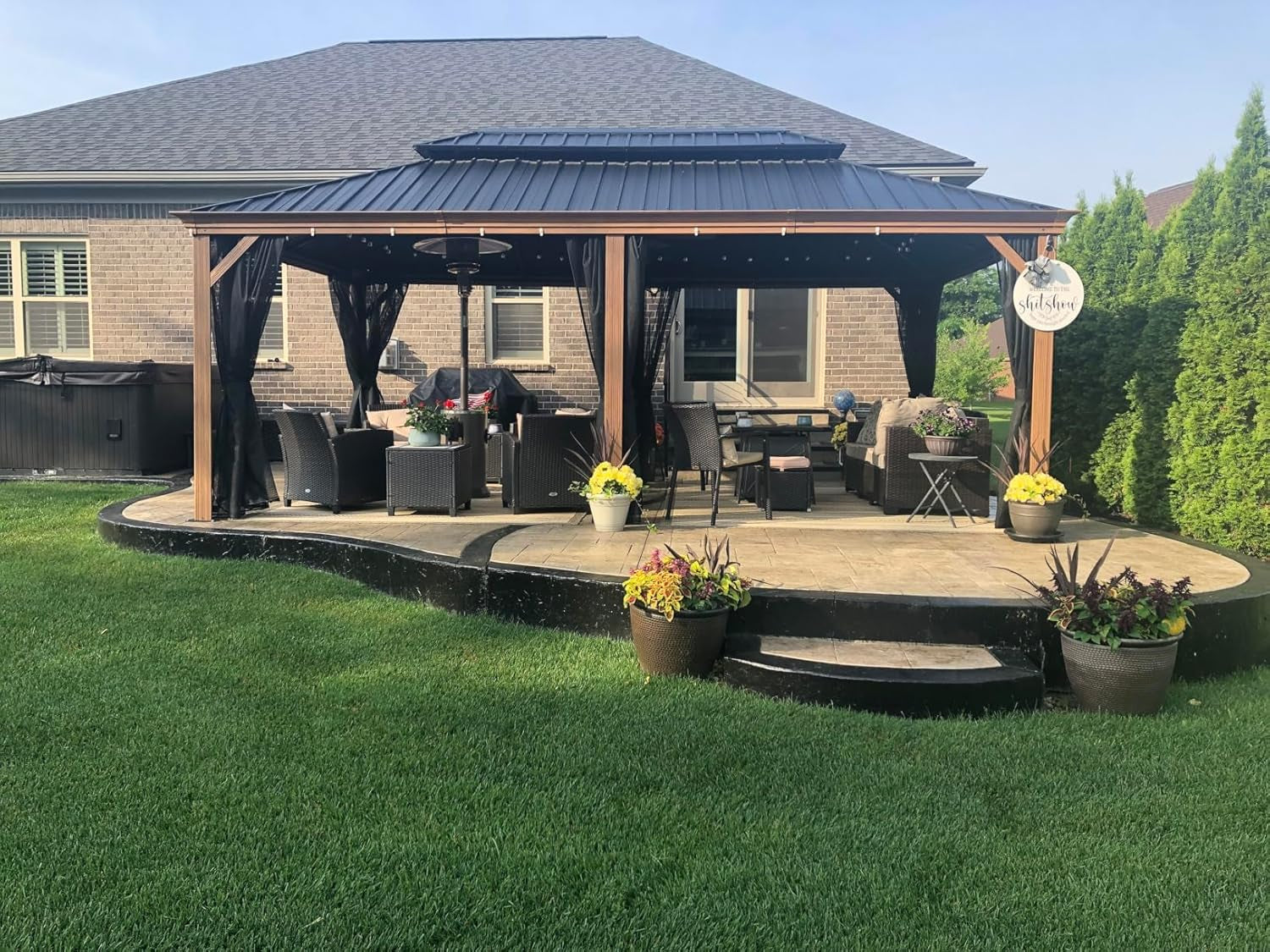 12' X 18' Outdoor Hardtop Gazebo for Patio Galvanized Steel Double Roof Permanent Canopy Teak Finish Coated Aluminum Frame Pavilion Gazebo with Netting