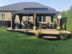 12' X 18' Outdoor Hardtop Gazebo for Patio Galvanized Steel Double Roof Permanent Canopy Teak Finish Coated Aluminum Frame Pavilion Gazebo with Netting