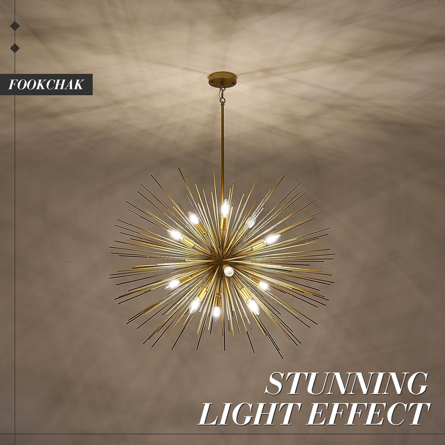 35In Gold Sputnik Chandelier 12-Light Starburst Chandelier Light Fixture Solid Metal Mid-Century Modern Satellite Light Fixture for High Ceiling Living Room Dining Room Foyer, E12