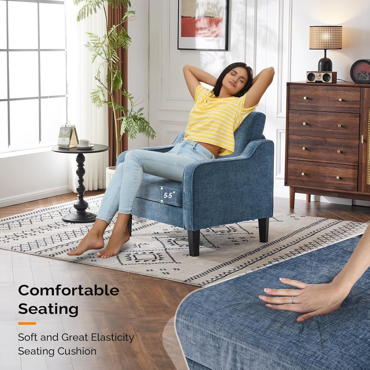 Mid Century Modern Accent Chair,Navy Blue Chenille Chairs for Living Room Upholstered Armchair with Scooped Arms for Bedroom,Apartment,Studio,Office,Waiting Room