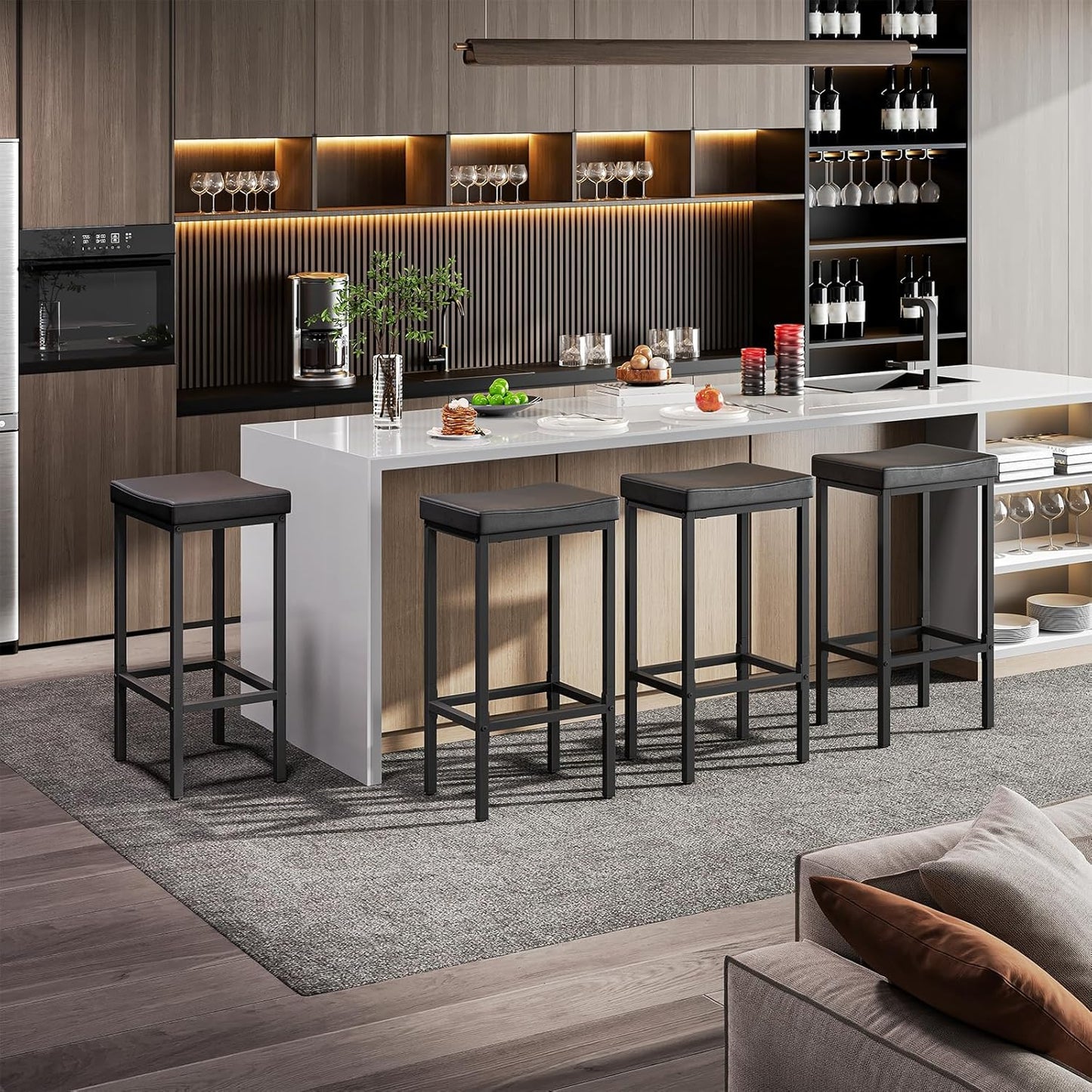 Bar Stools, Set of 2 Bar Chairs, Counter Height Stools, Saddle Barstools with Curved Surface, 24.8 Inches, 2.4" Thick Upholstery, for Kitchen, Dining Room, Cafe Black BB10BY01