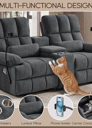 Luxurious Loveseat Recliner Sofa with 30° Rocker Function, Cat-Resistant Fabric, Manual Recline, Ideal for Living Room and Nursery, Featuring Phone Holder, Hidden Socket, and Console (Grey)