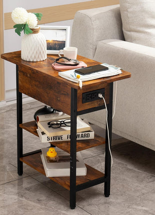 End Table with Built-in Charging Station, Flip Top Design Featuring USB Ports and Outlets, Multi-functional Sofa and Bedside Table for Living Room and Bedroom, Space-saving Nightstand with Storage Shelves