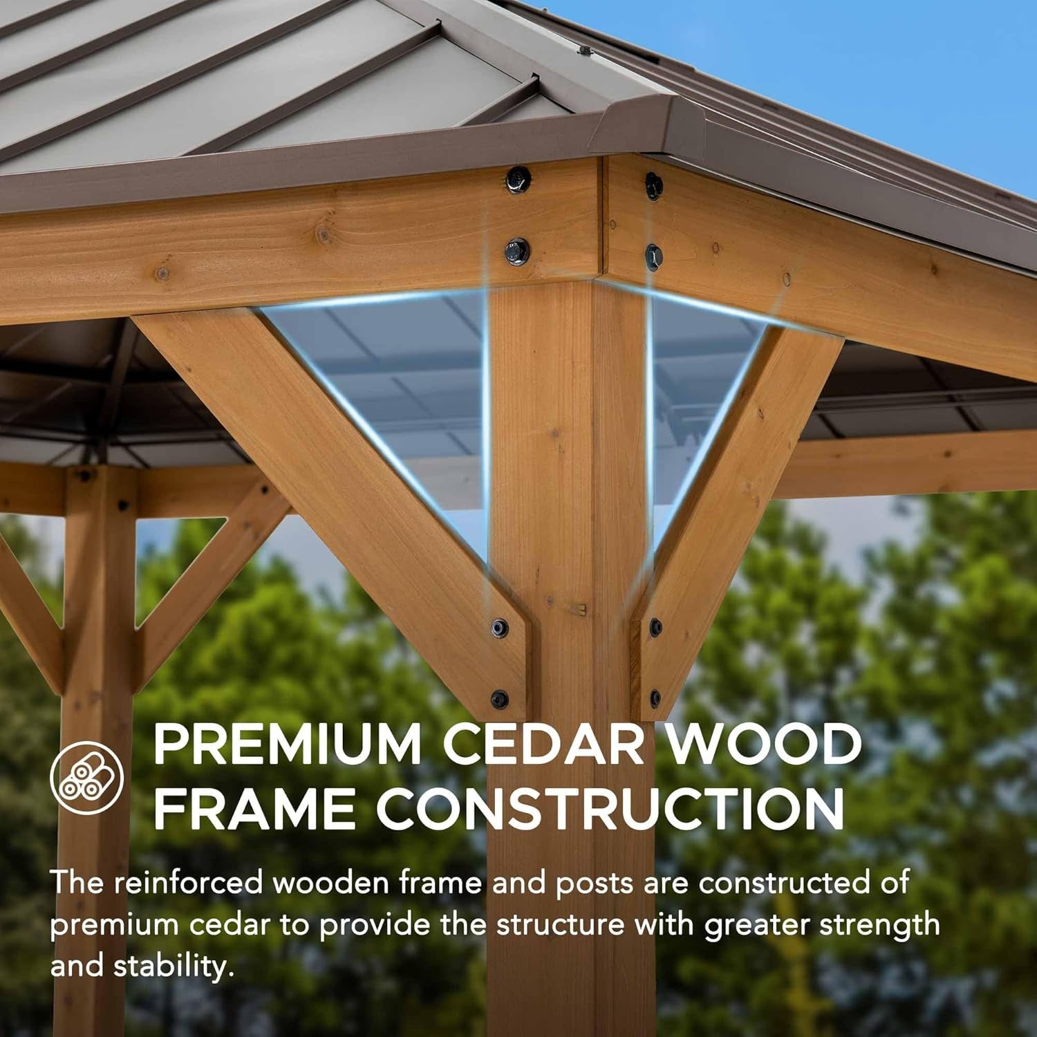 Hardtop Gazebo 11 X 11 Ft. Cedar Framed Wood Gazebo with Brown Steel and Polycarbonate Hip Roof Hardtop for Garden, Backyard Shade